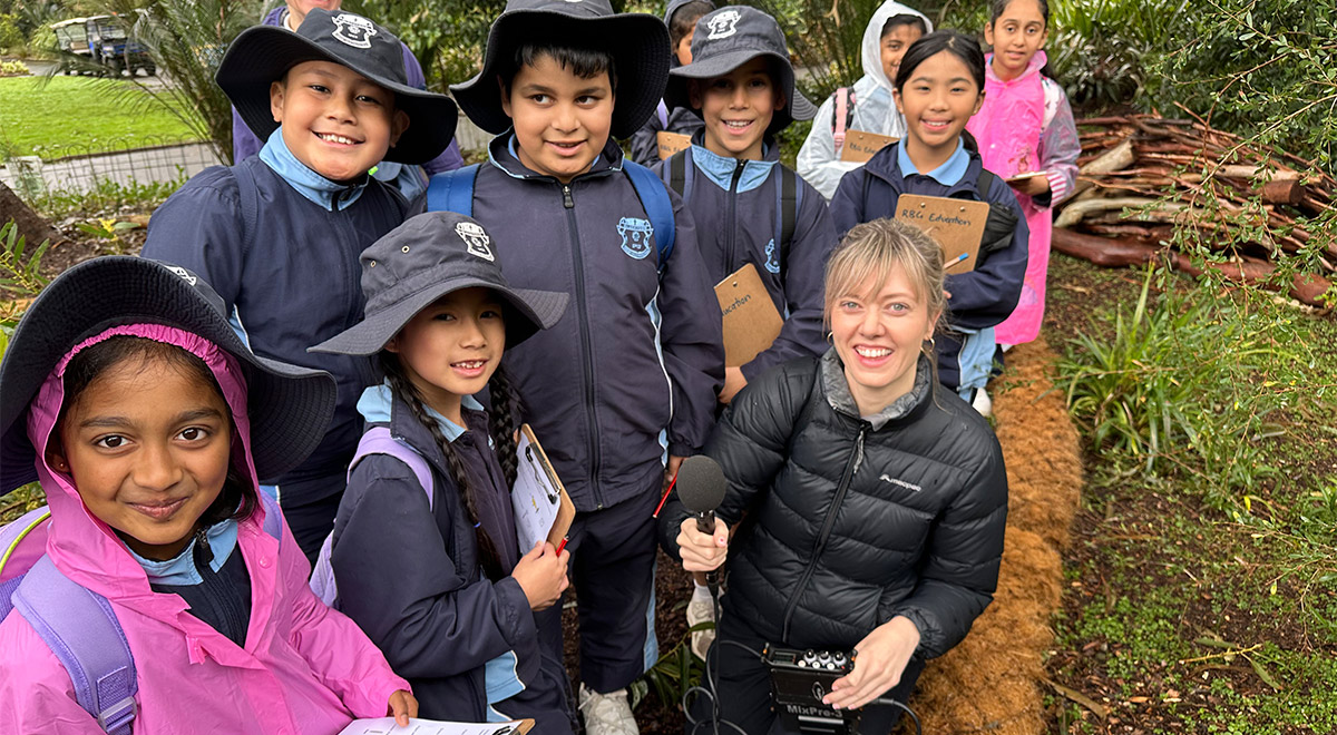 St Patrick's Primary students being interviewed by ABC reporter Rachel Hayter